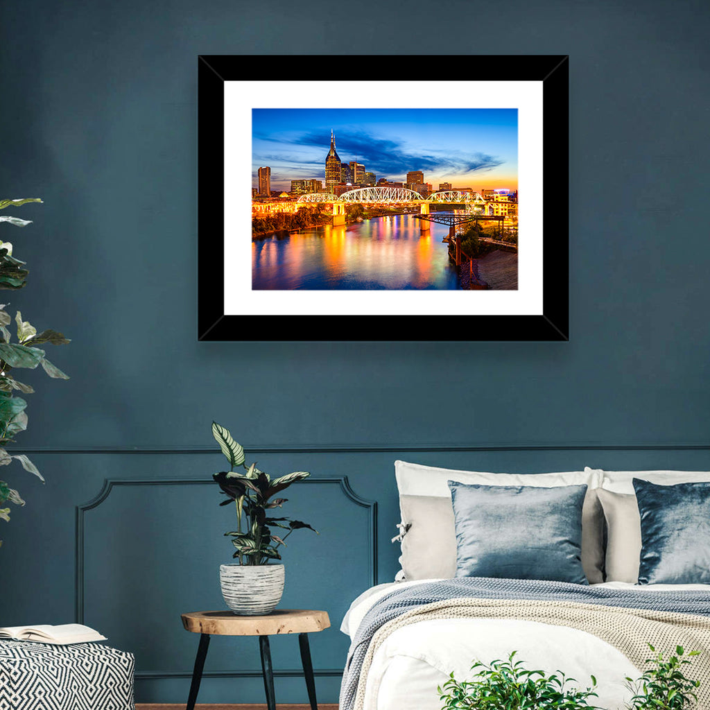 Nashville Skyline at Twilight Bridge Reflections Wall Art