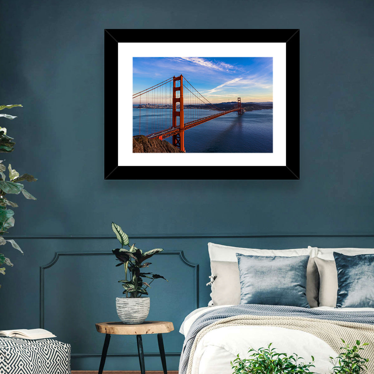 Golden Gate Bridge at Golden Hour Wall Art in a room, landscape