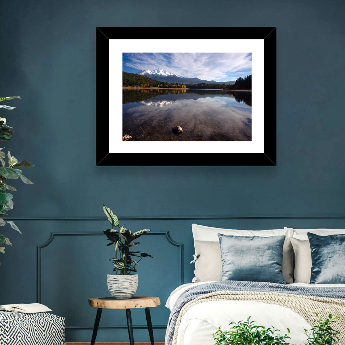 Mount Shasta Reflection at Lake Siskiyou Wall Art in a room, landscape