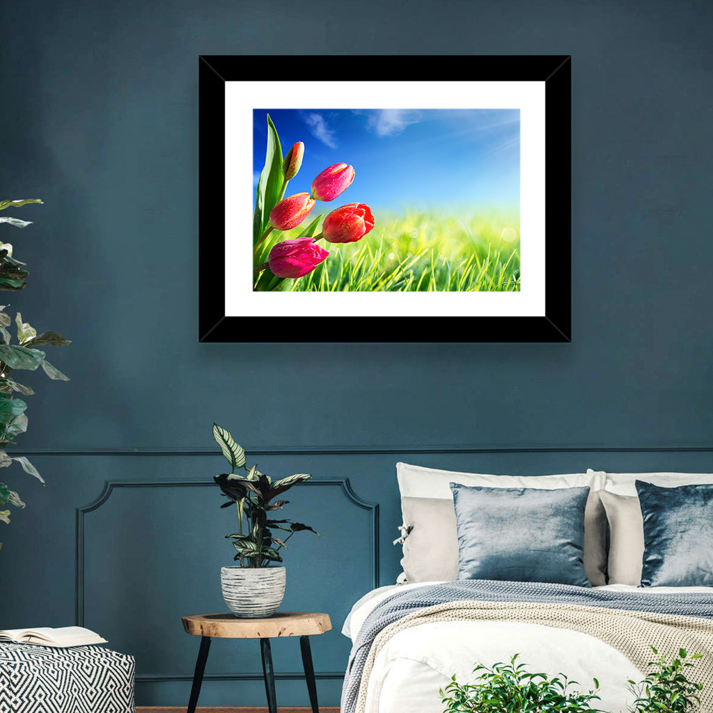 Dewy Red Tulips Under Blue Sky Wall Art