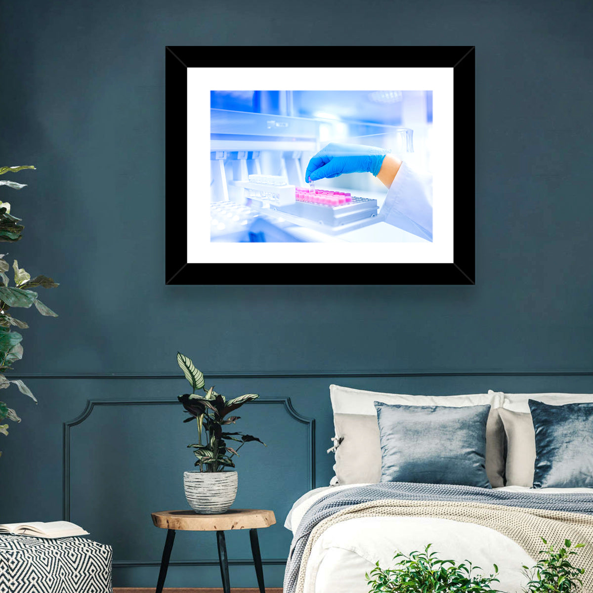 Gloved Hand with Vial and Pink-capped Tubes Wall Art in a room, landscape