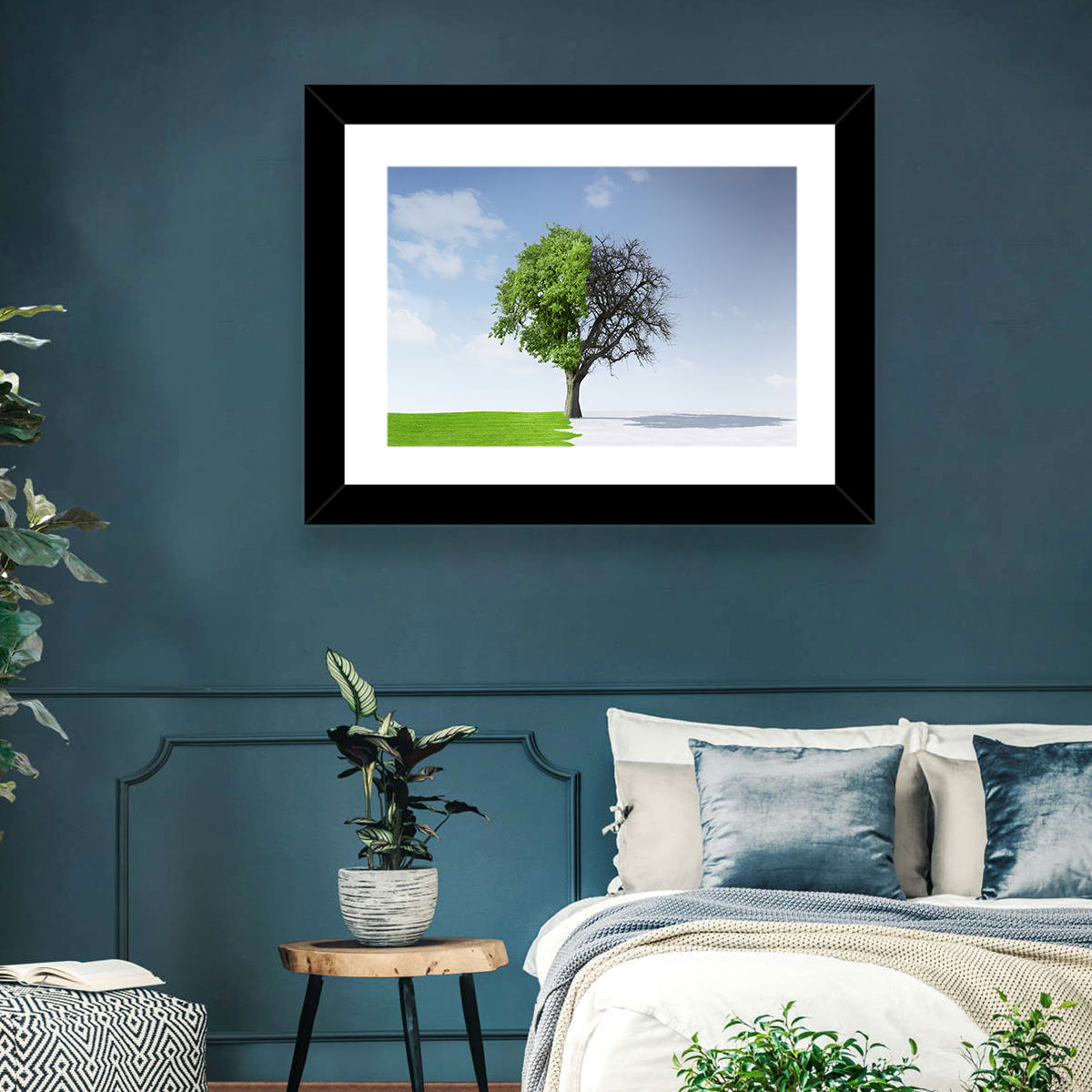 Split Seasons Tree Wall Art in a room, landscape