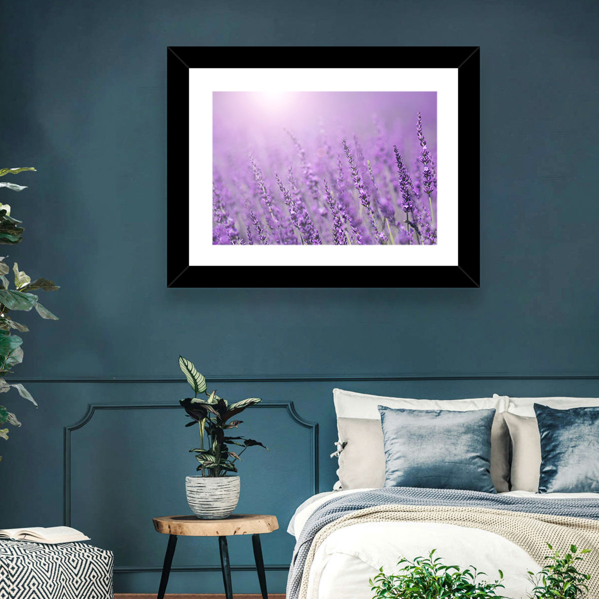 Sunlit Lavender Field Wall Art in a room, landscape