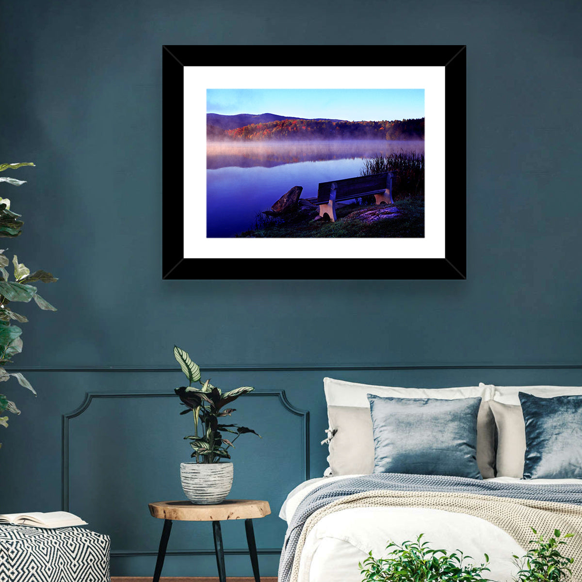 Bench at Misty Lake Sunrise Wall Art in a room, landscape