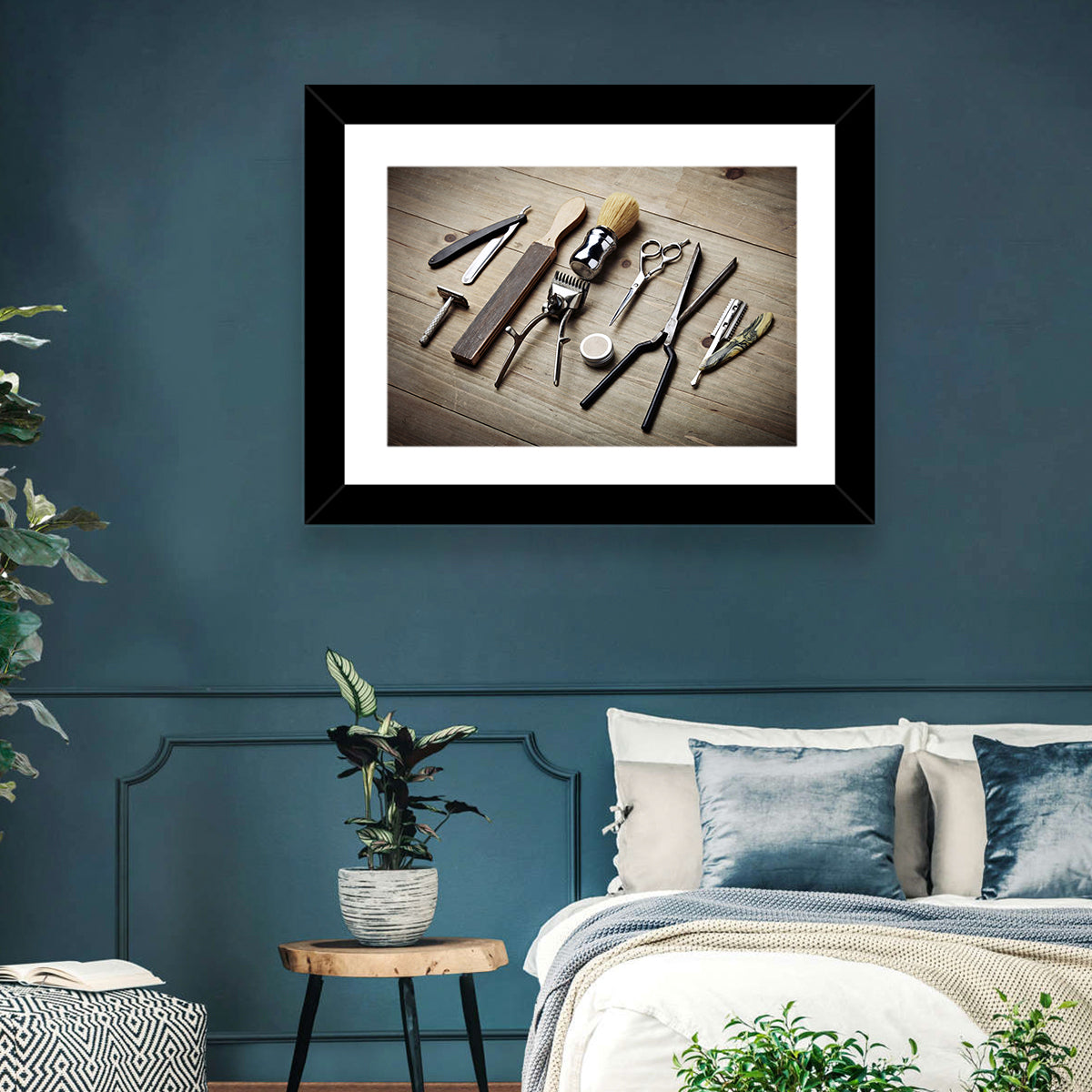 Vintage Barber Tools on Wooden Workbench Wall Art