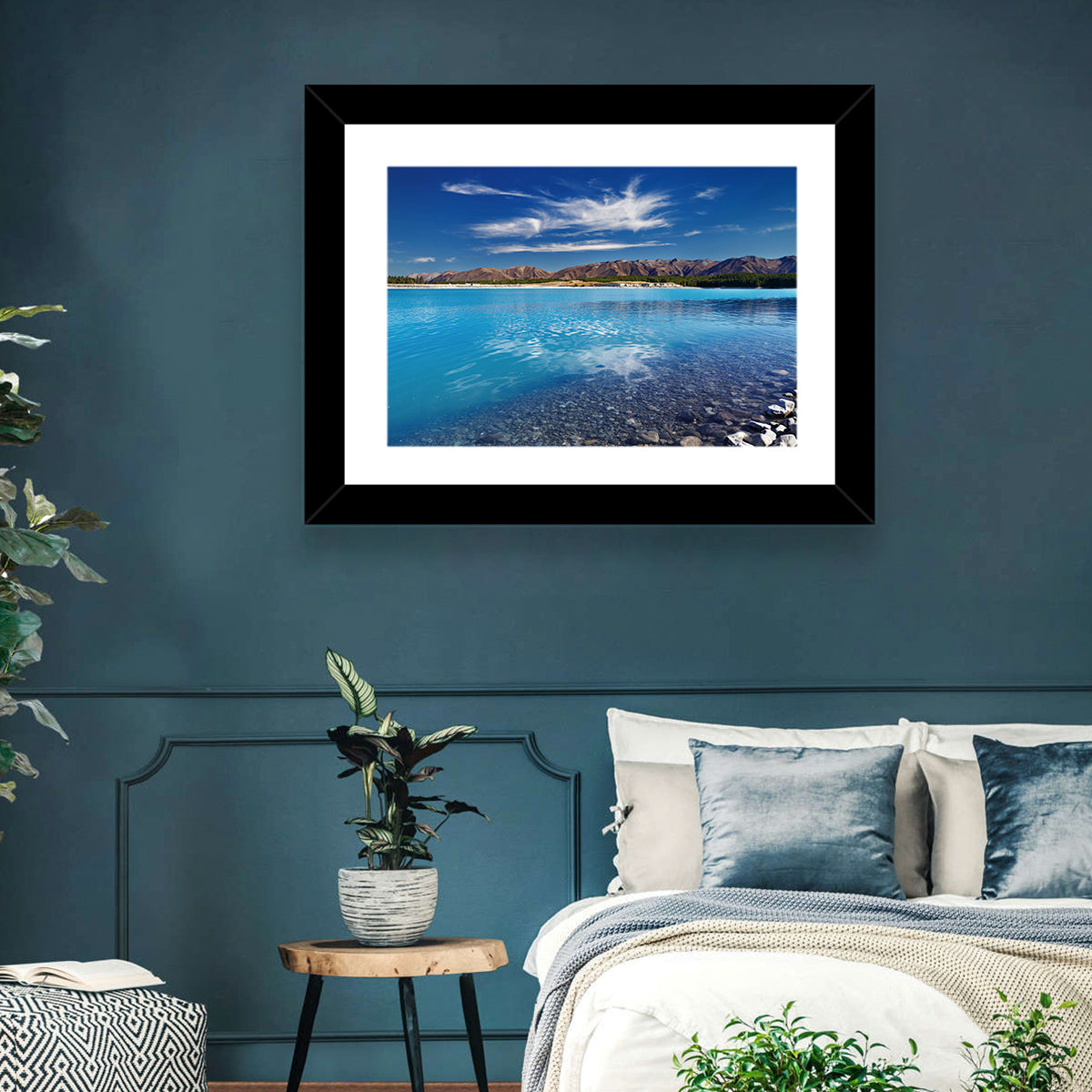 Lake Pukaki Pebble Shore Wall Art in a room, landscape