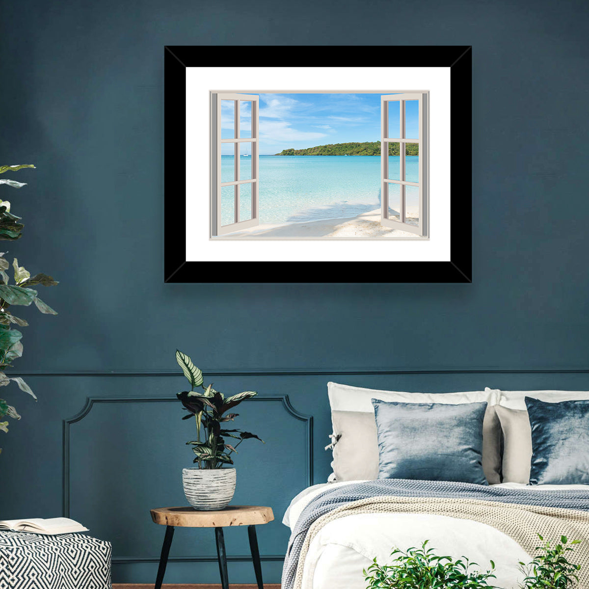 Turquoise Beach View Through Window Wall Art in a room, landscape