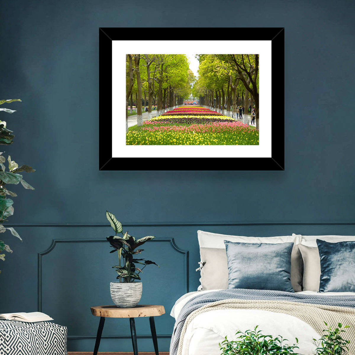 Tree-lined Tulip Garden Path Wall Art in a room, landscape