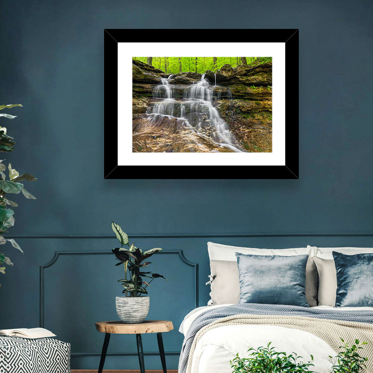 Mossy Ledge Waterfall Wall Art in a room, landscape