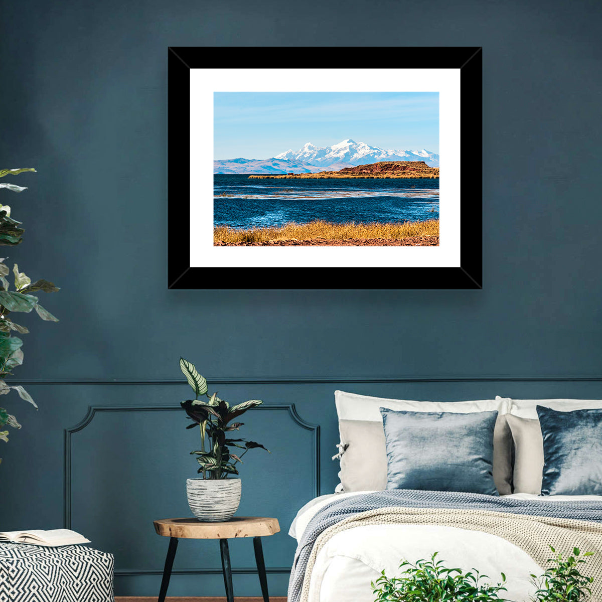 Lake Titicaca Blue and Gold Wall Art in a room, landscape