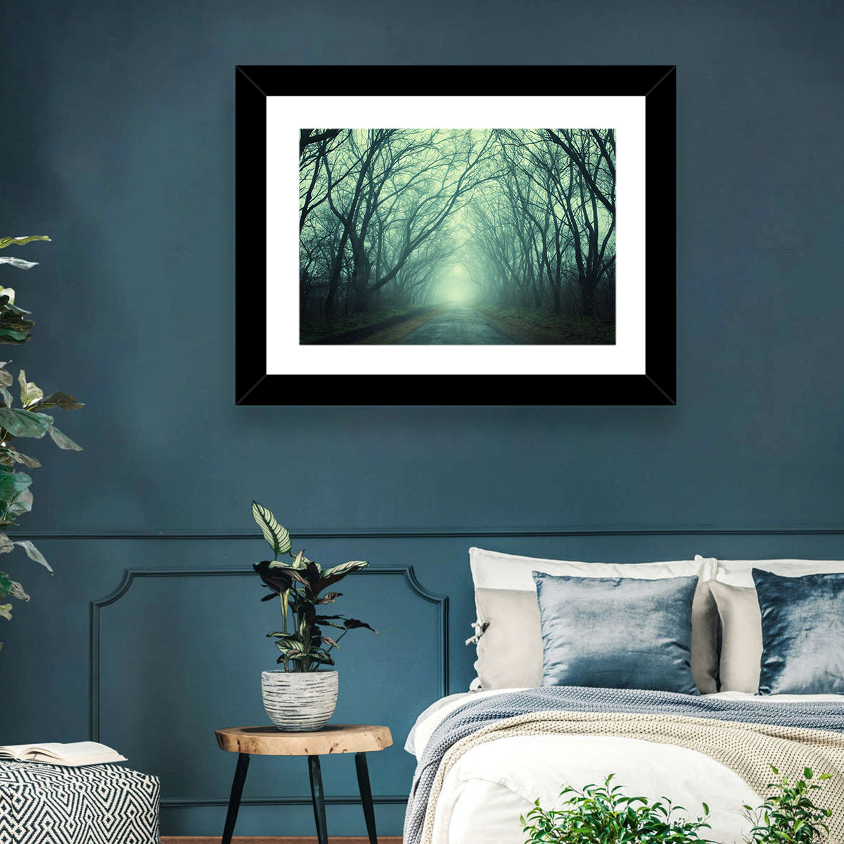 Foggy Forest Pathway Wall Art in a room, landscape