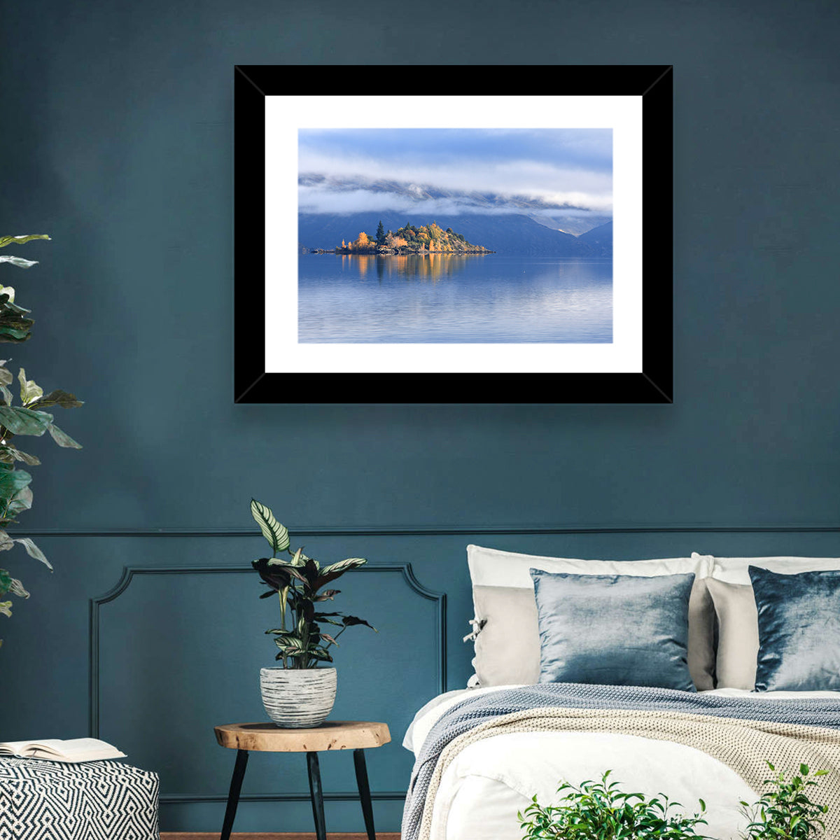 Misty Wanaka Island Reflection Wall Art in a room, landscape
