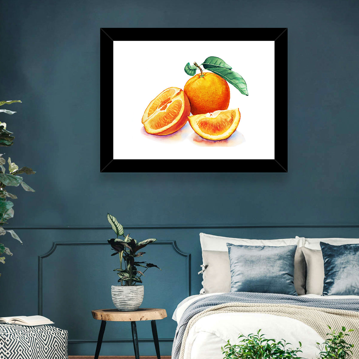 Watercolor Orange Still Life Wall Art in a room, landscape