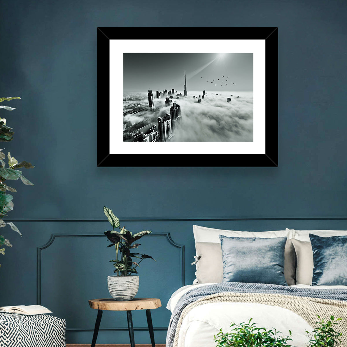 Burj Khalifa Rising Through Morning Fog Wall Art in a room, landscape