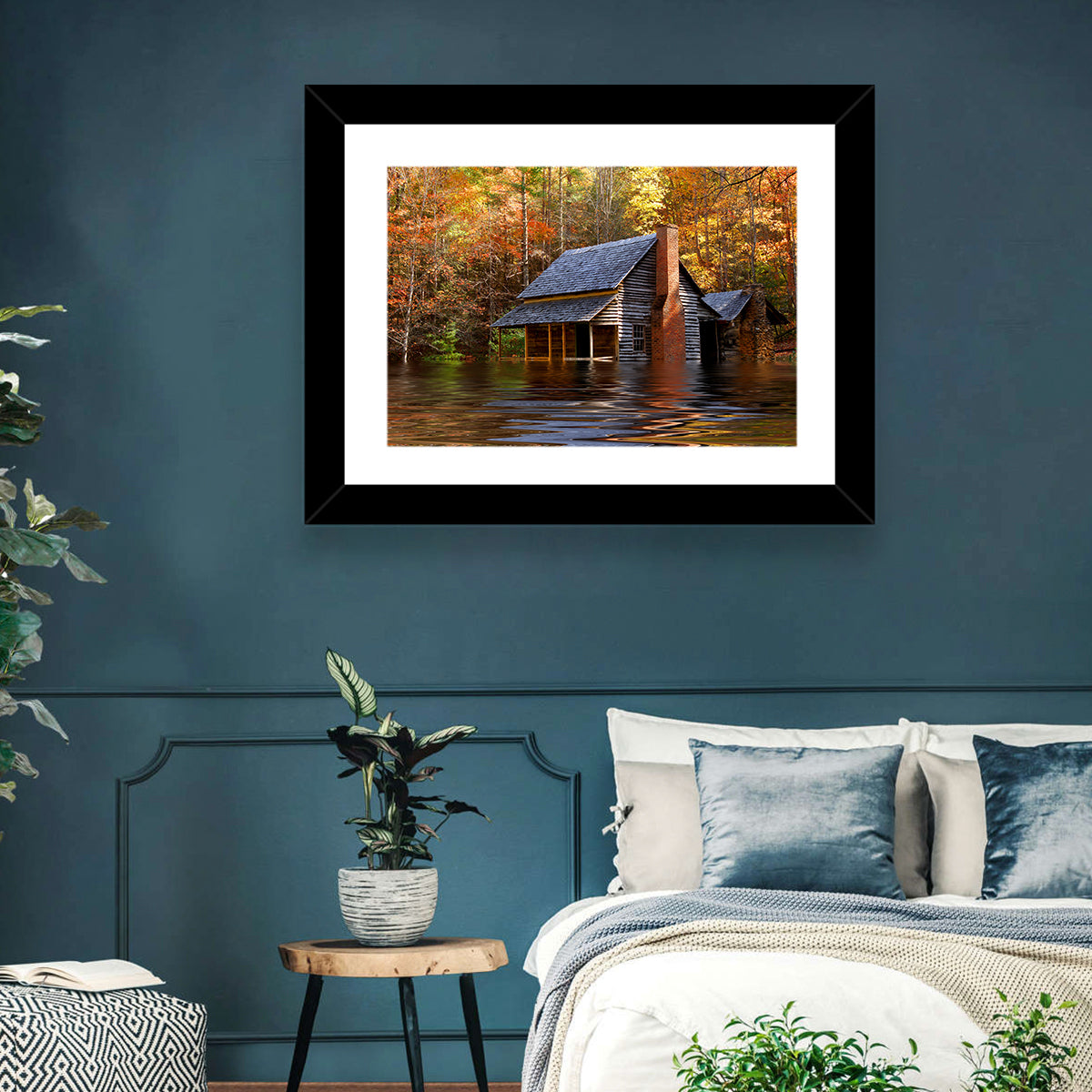 Autumn Flooded Log Cabin Wall Art in a room, landscape