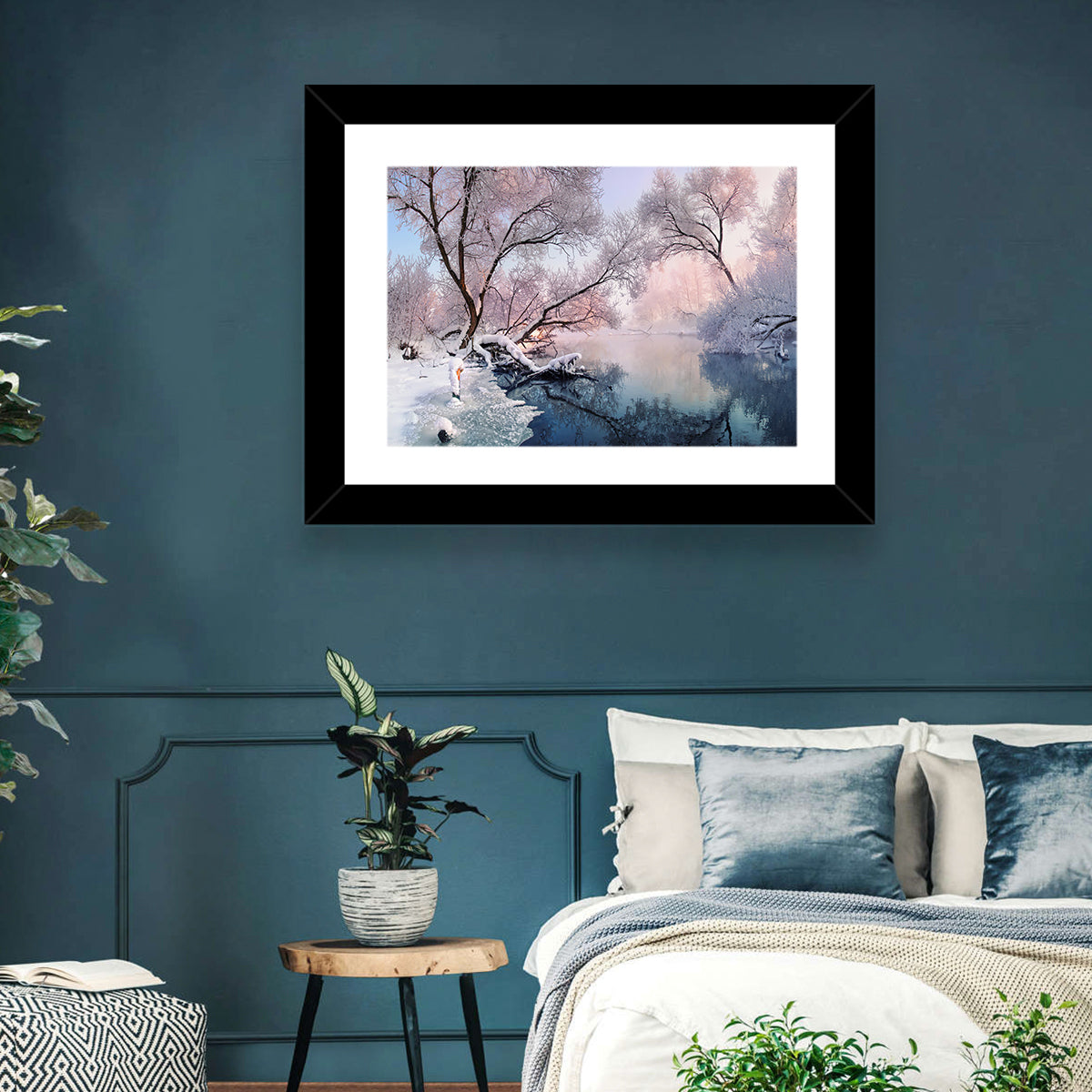 Snowy Lake Morning Mist Wall Art in a room, landscape