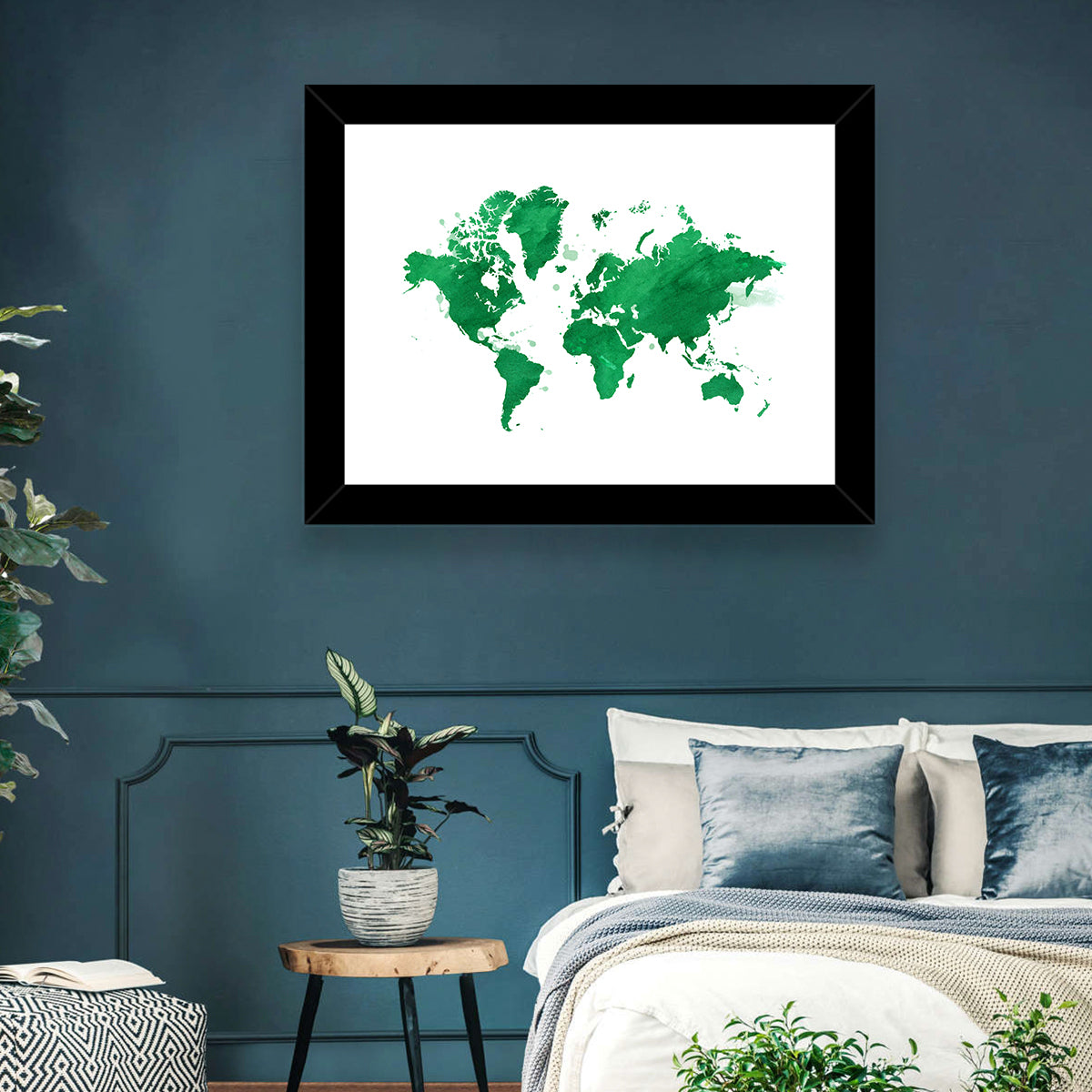 Green Watercolor World Map Wall Art in a room, landscape
