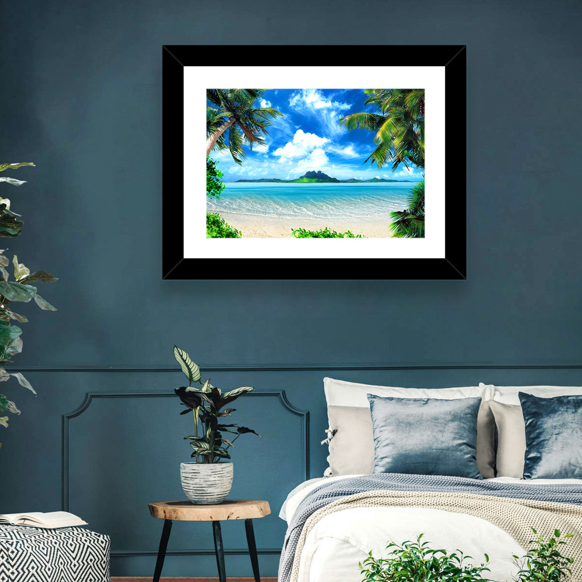 Palm-framed Tropical Island Beach Wall Art in a room, landscape