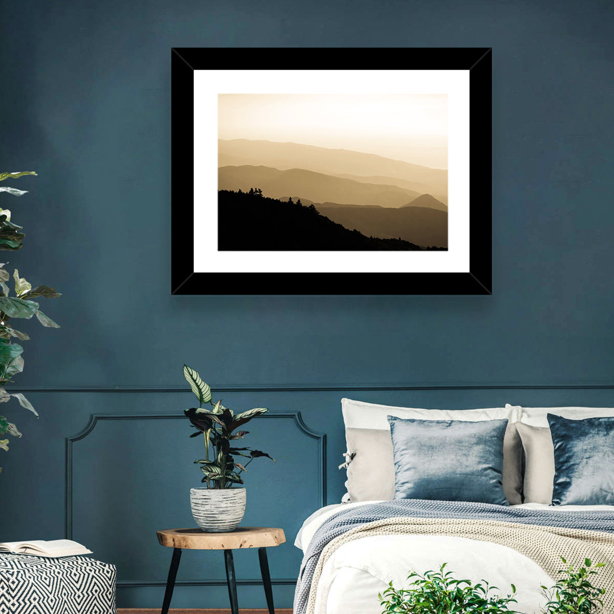 Foggy Mountain Sunset with Evergreen Silhouettes Wall Art in a room, landscape