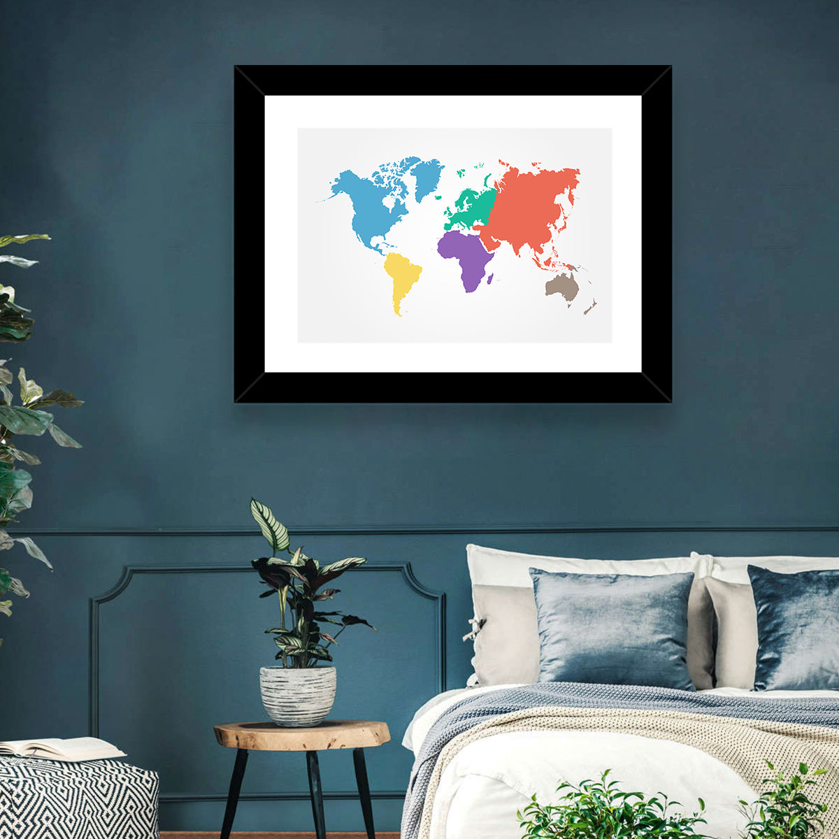 World Continents Map Wall Art in a room, landscape
