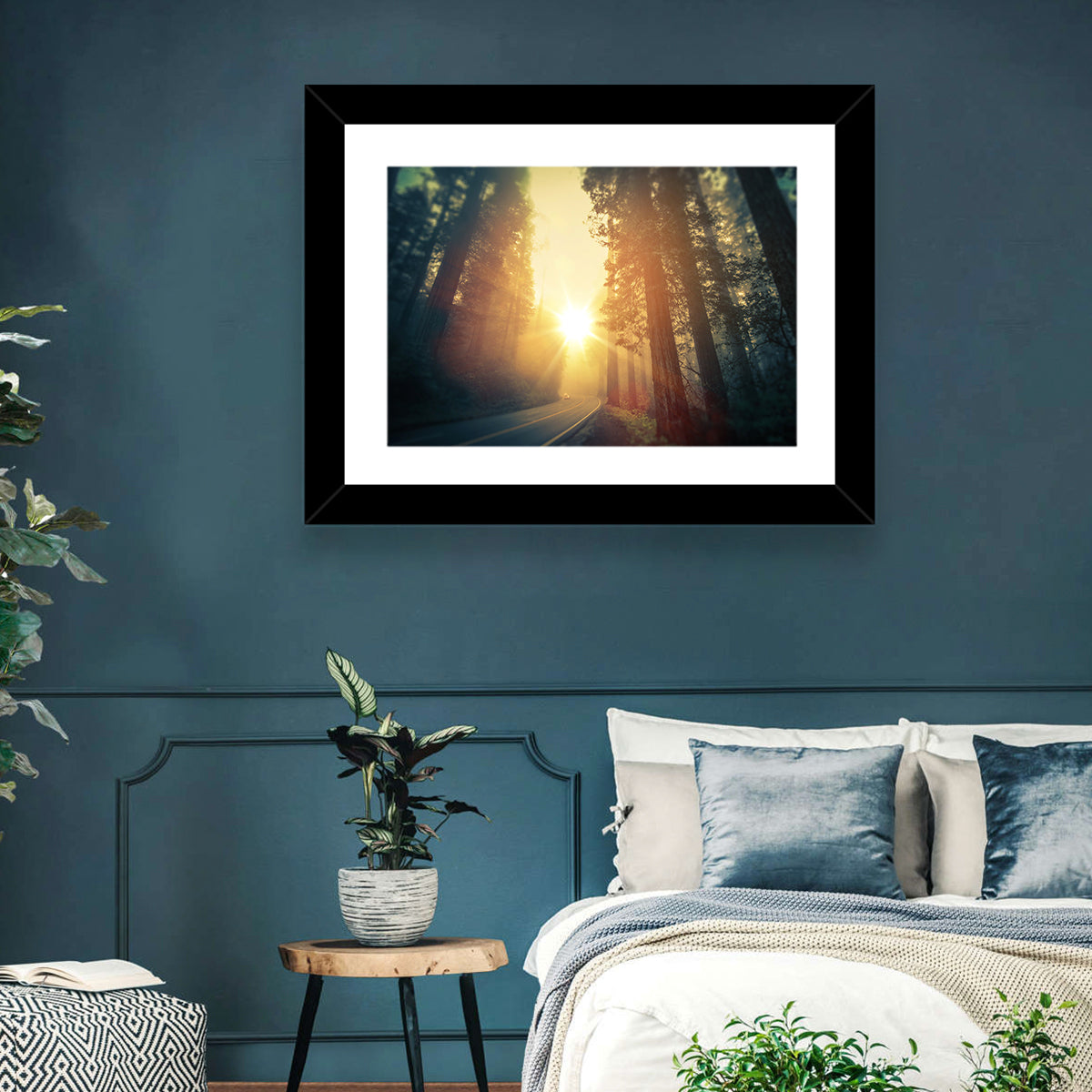 Misty Redwood Road with Golden Sunburst Wall Art in a room, landscape