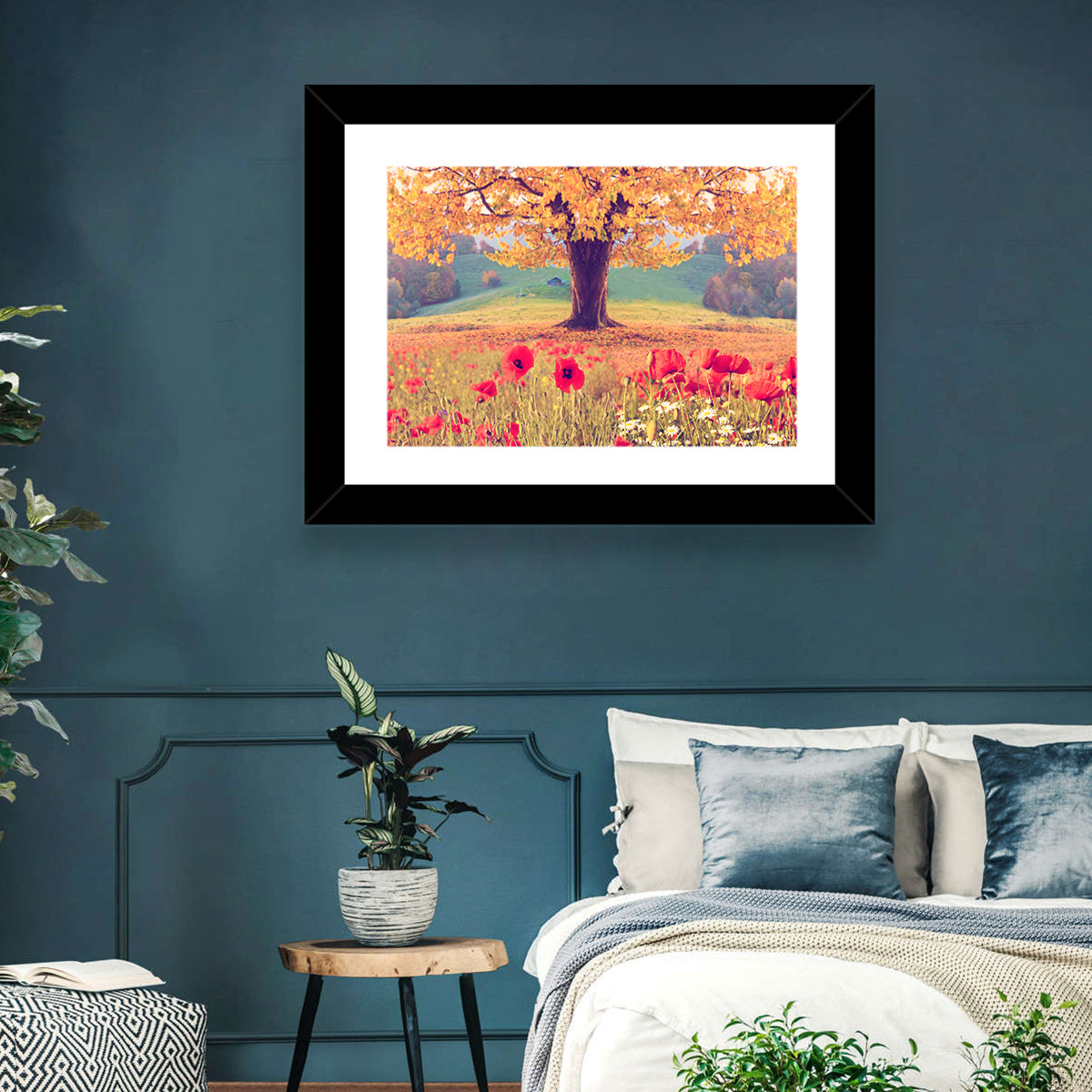Autumn Tree and Poppy Field Wall Art in a room, landscape