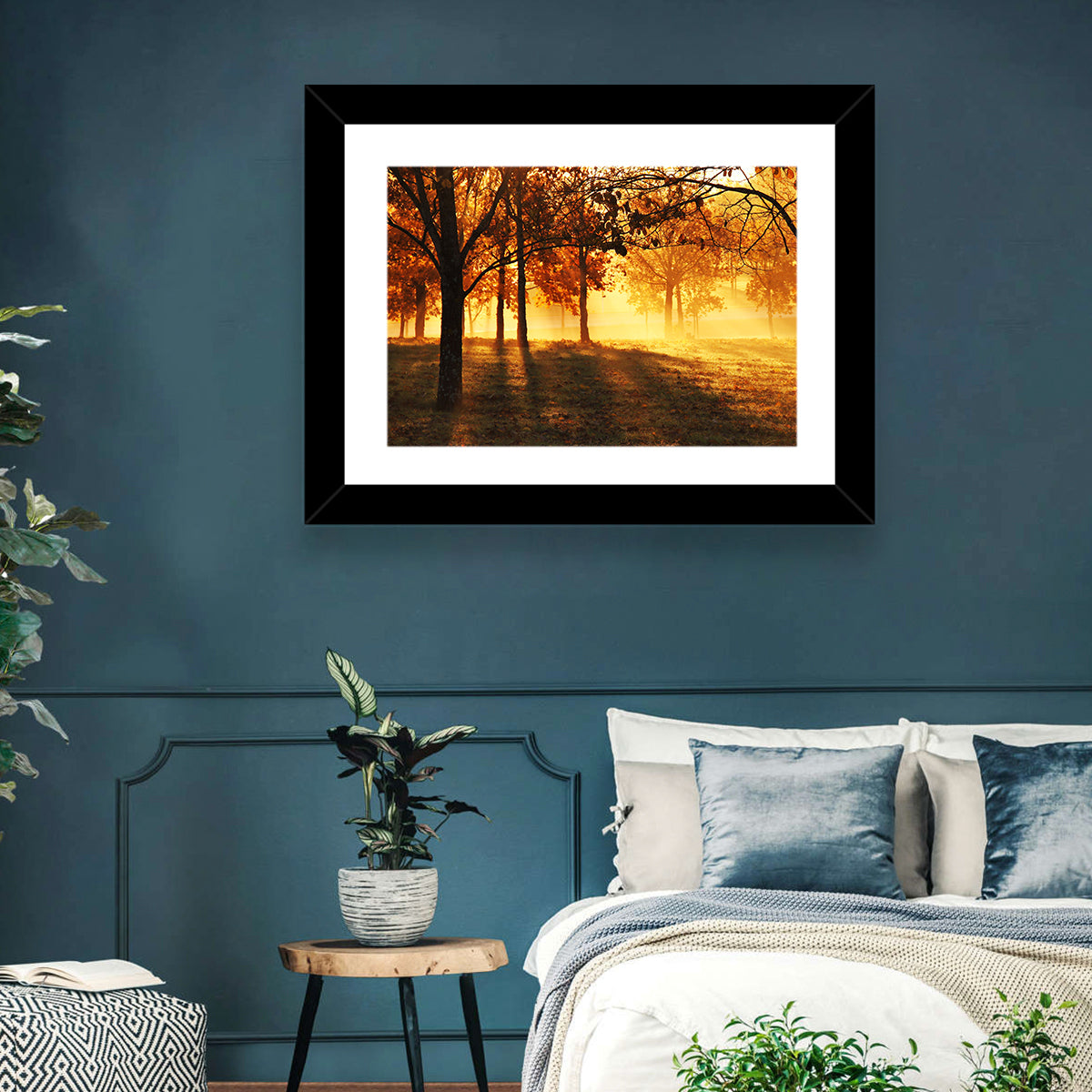 Autumn Sunbeams Through Fog Wall Art in a room, landscape