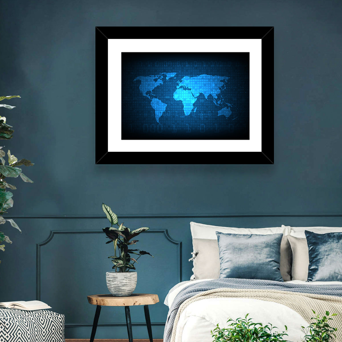 Binary Grid World Map Wall Art in a room, landscape