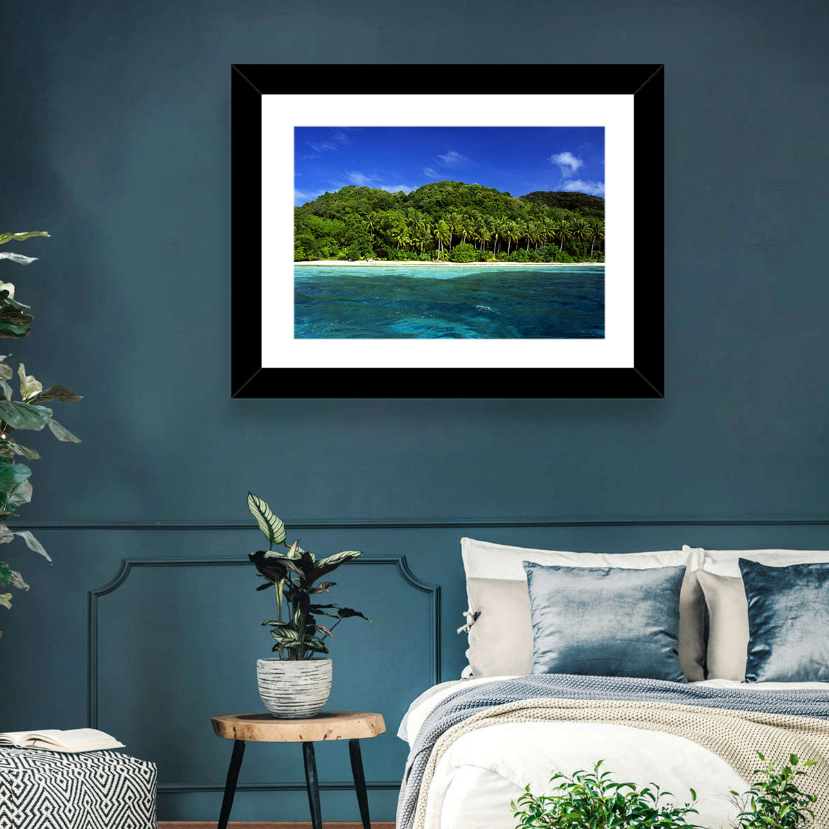 Turquoise Tropical Island Scene Wall Art in a room, landscape