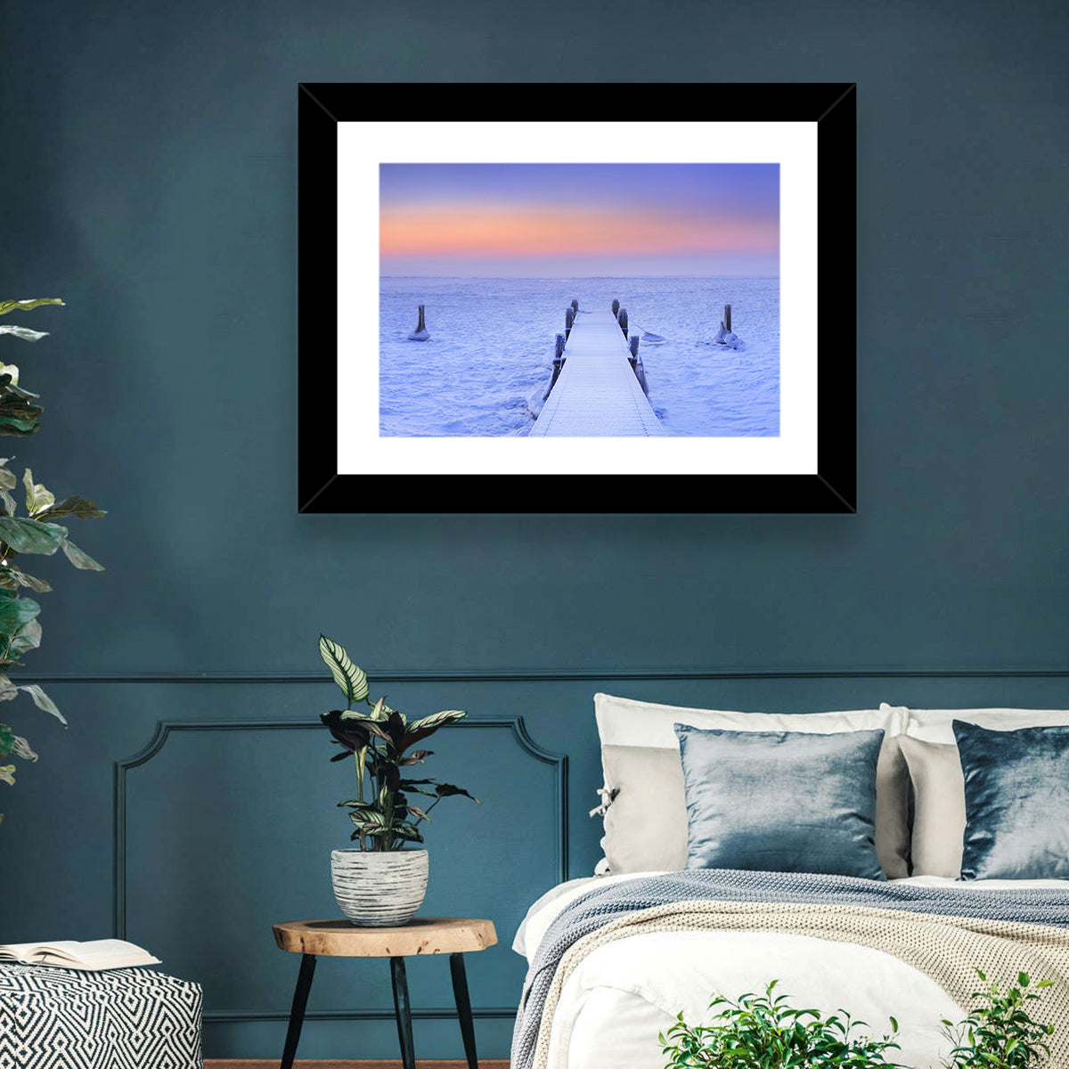 Frosted Jetty at Sunrise Wall Art in a room, landscape