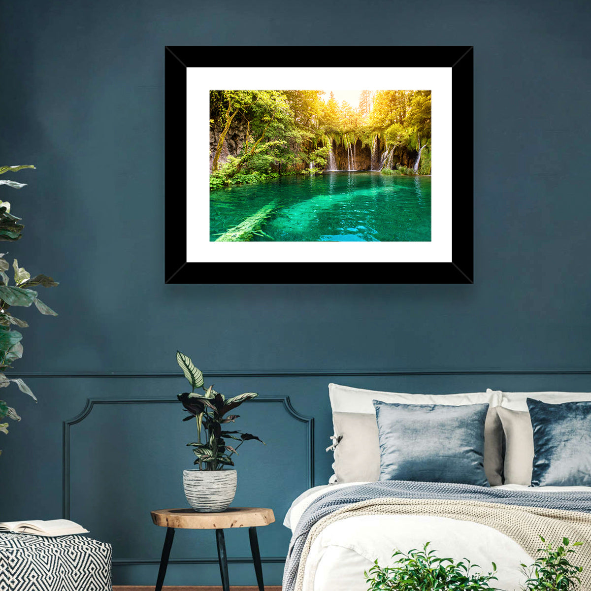 Plitvice Lake Waterfall Wall Art in a room, landscape