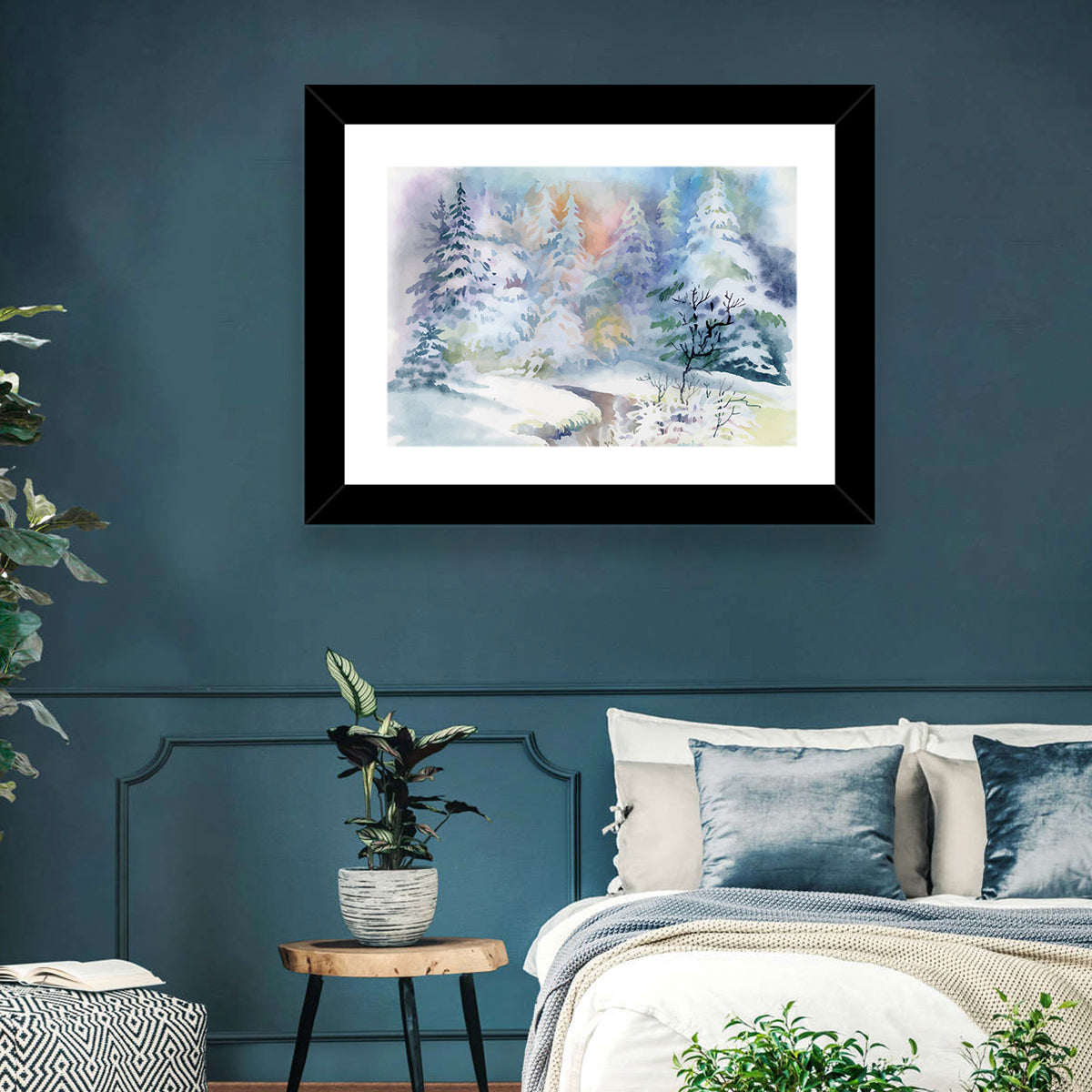 Winding Winter Stream Watercolor Wall Art in a room, landscape