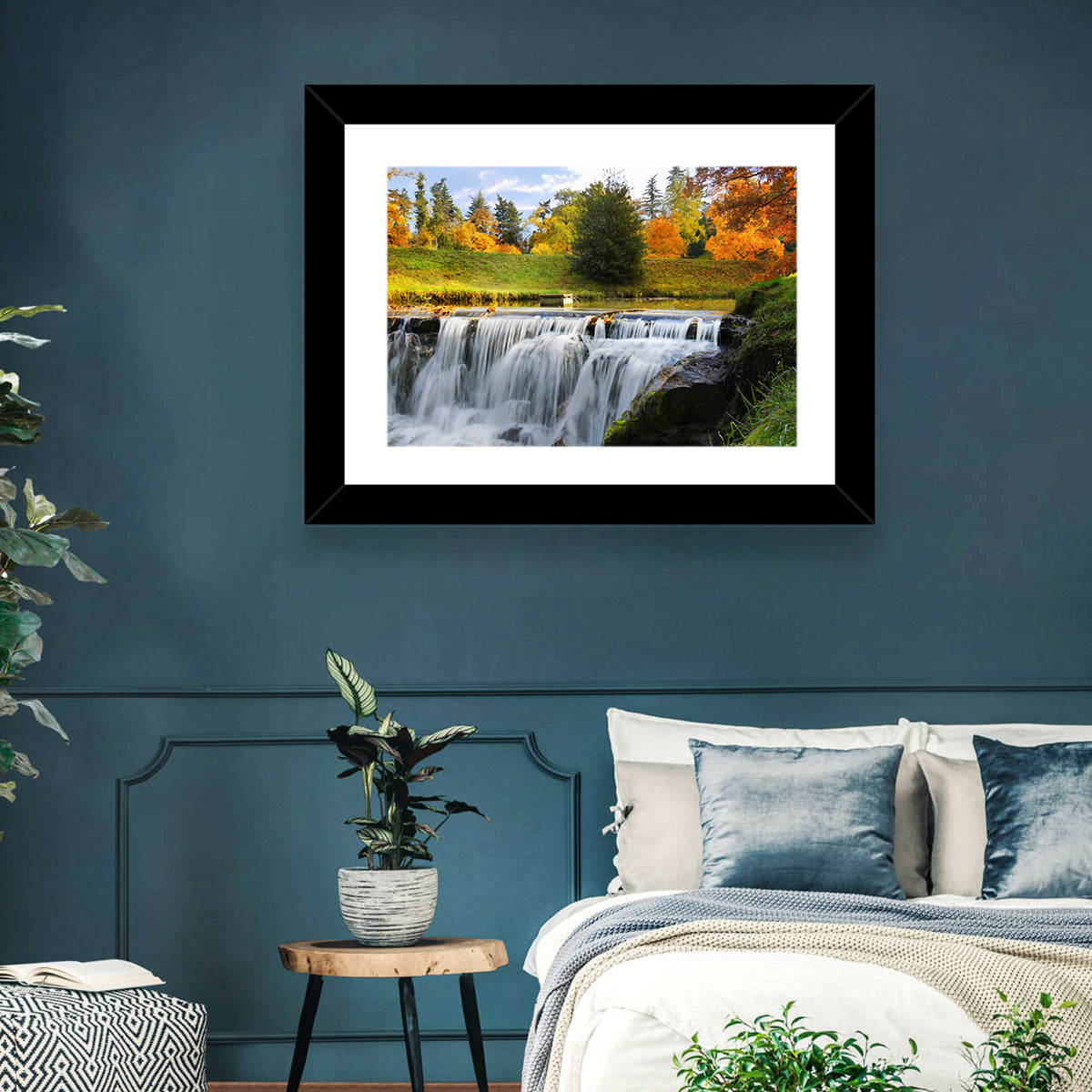 Autumn Forest Waterfall Wall Art in a room, landscape