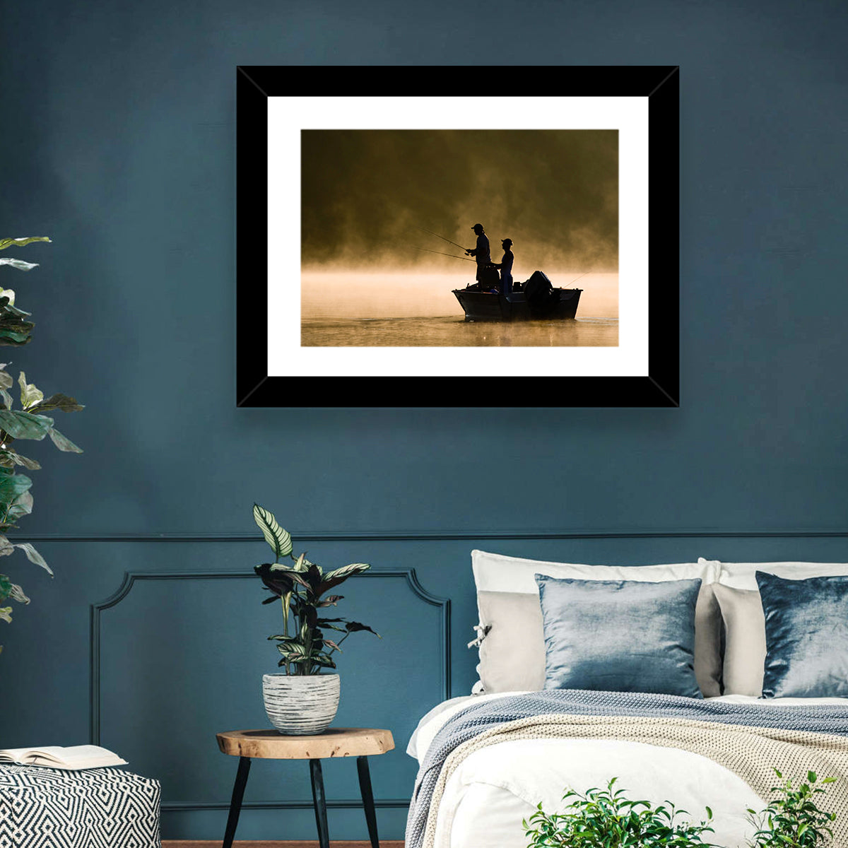 Misty Lake Fishing Wall Art in a room, landscape