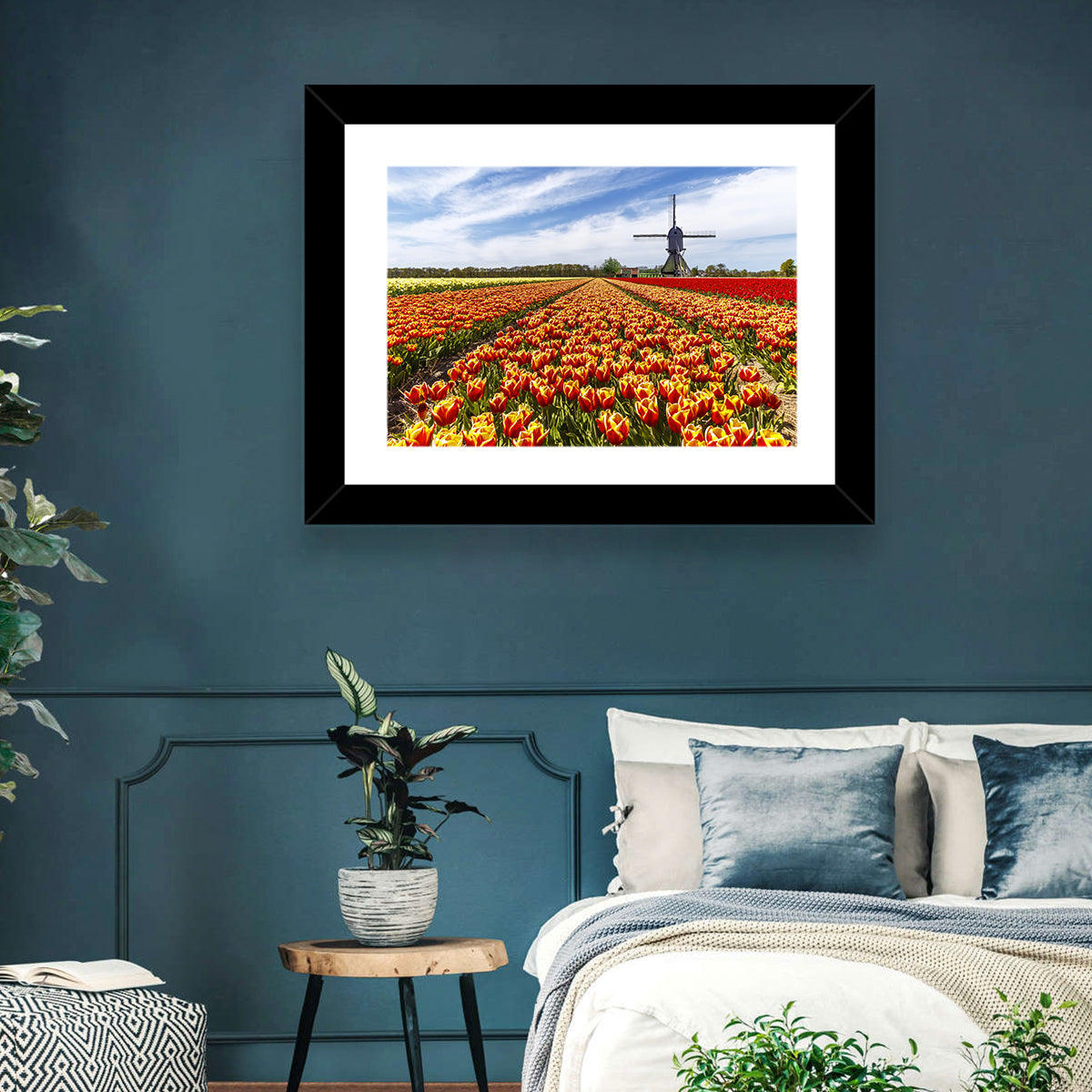 Windmill Over Tulip Fields Wall Art in a room, landscape
