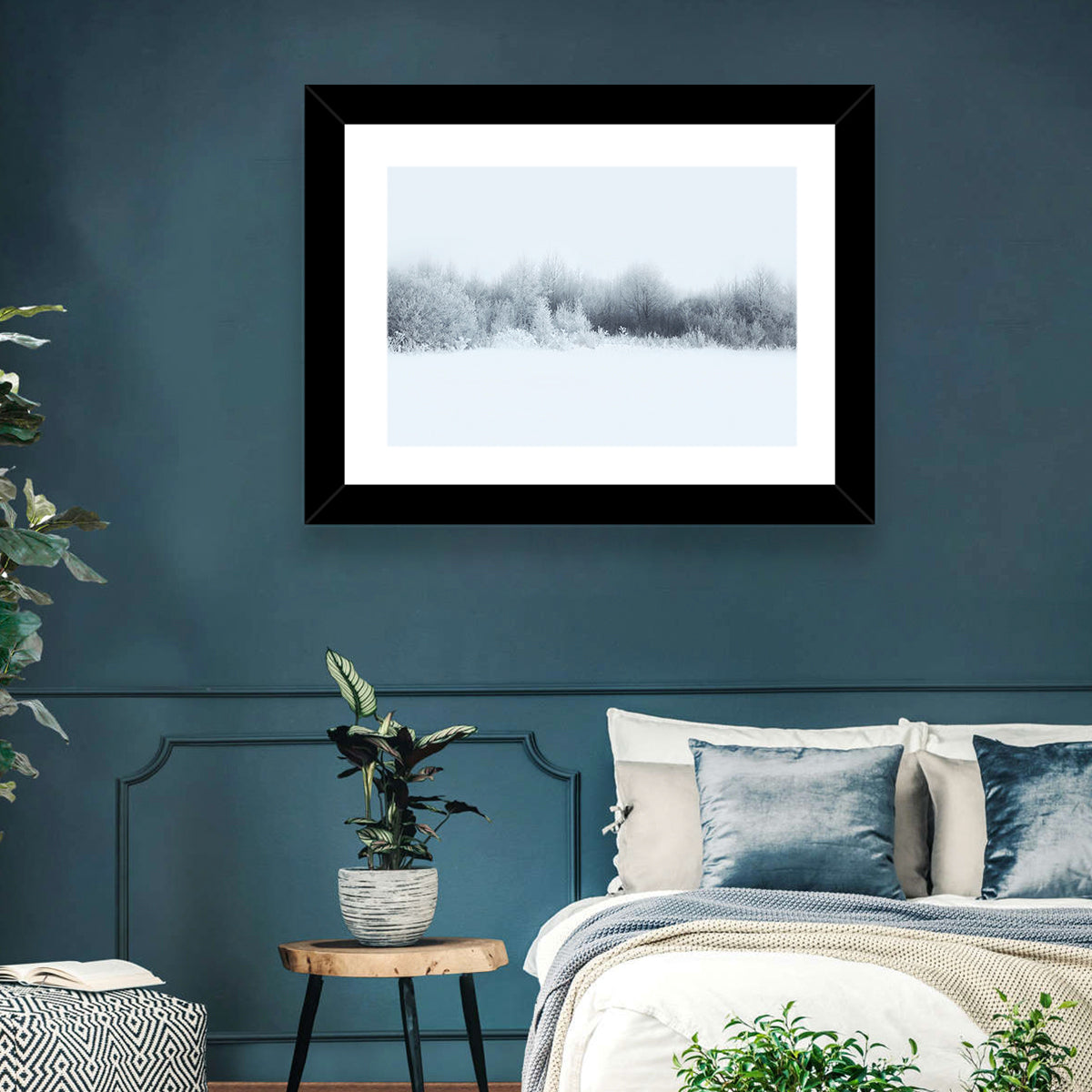 Frosted Winter Forest Wall Art in a room, landscape