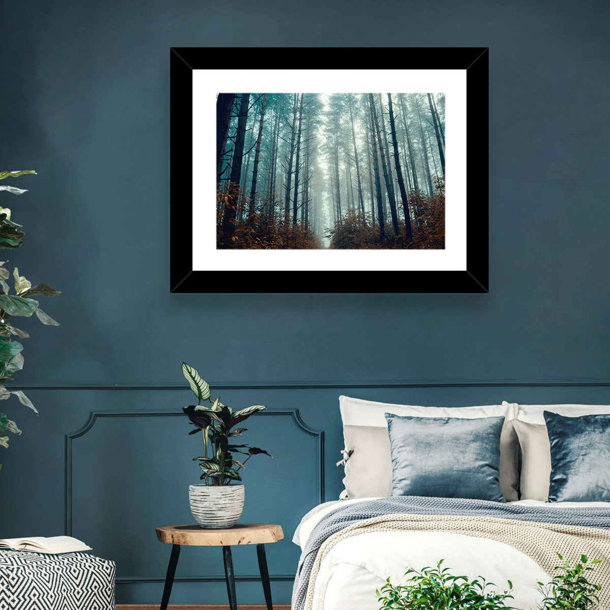 Misty Pine Forest Wall Art in a room, landscape
