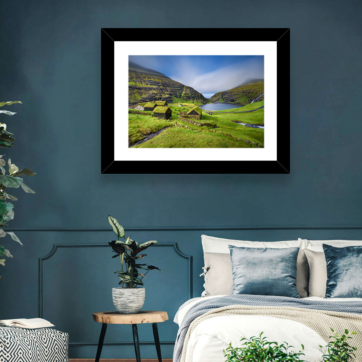 Saksun Turf Roof Cabins Wall Art in a room, landscape