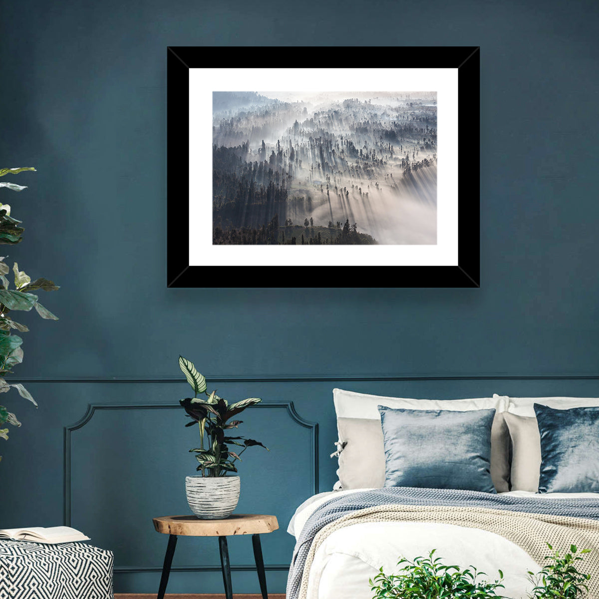 Misty Forest Sunrise Wall Art in a room, landscape