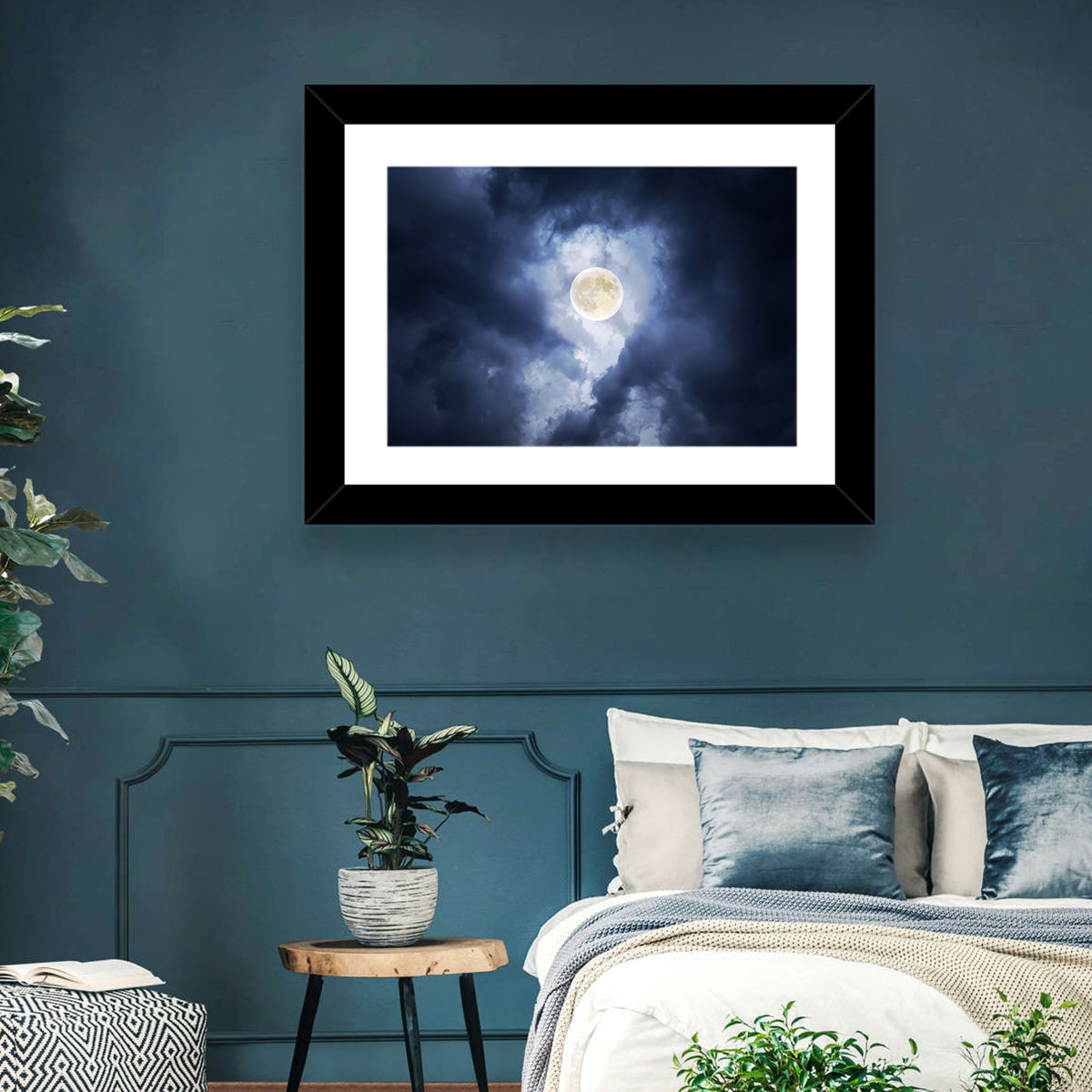 Supermoon Through Storm Clouds Wall Art in a room, landscape