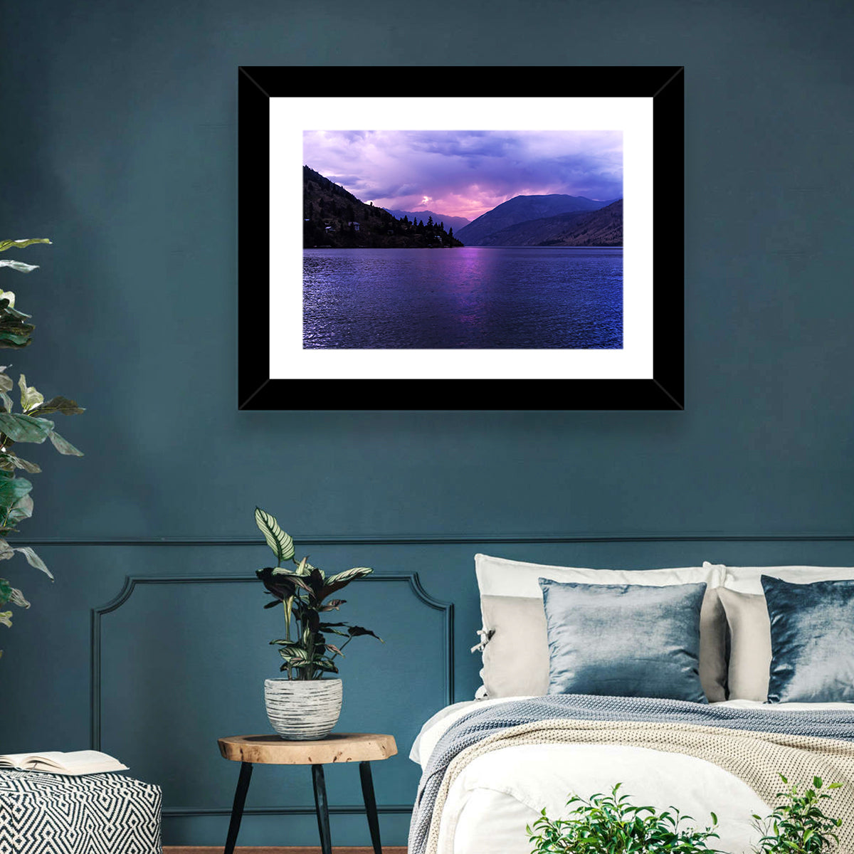 Lake Chelan Violet Sunset Wall Art in a room, landscape