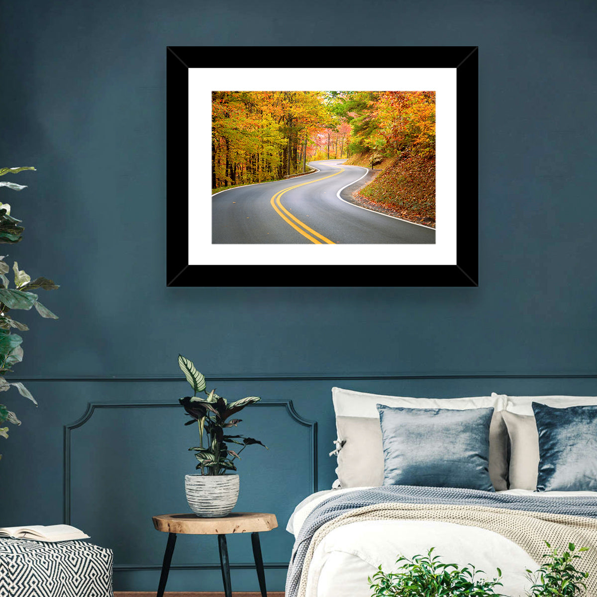 Winding Autumn Road Wall Art in a room, landscape