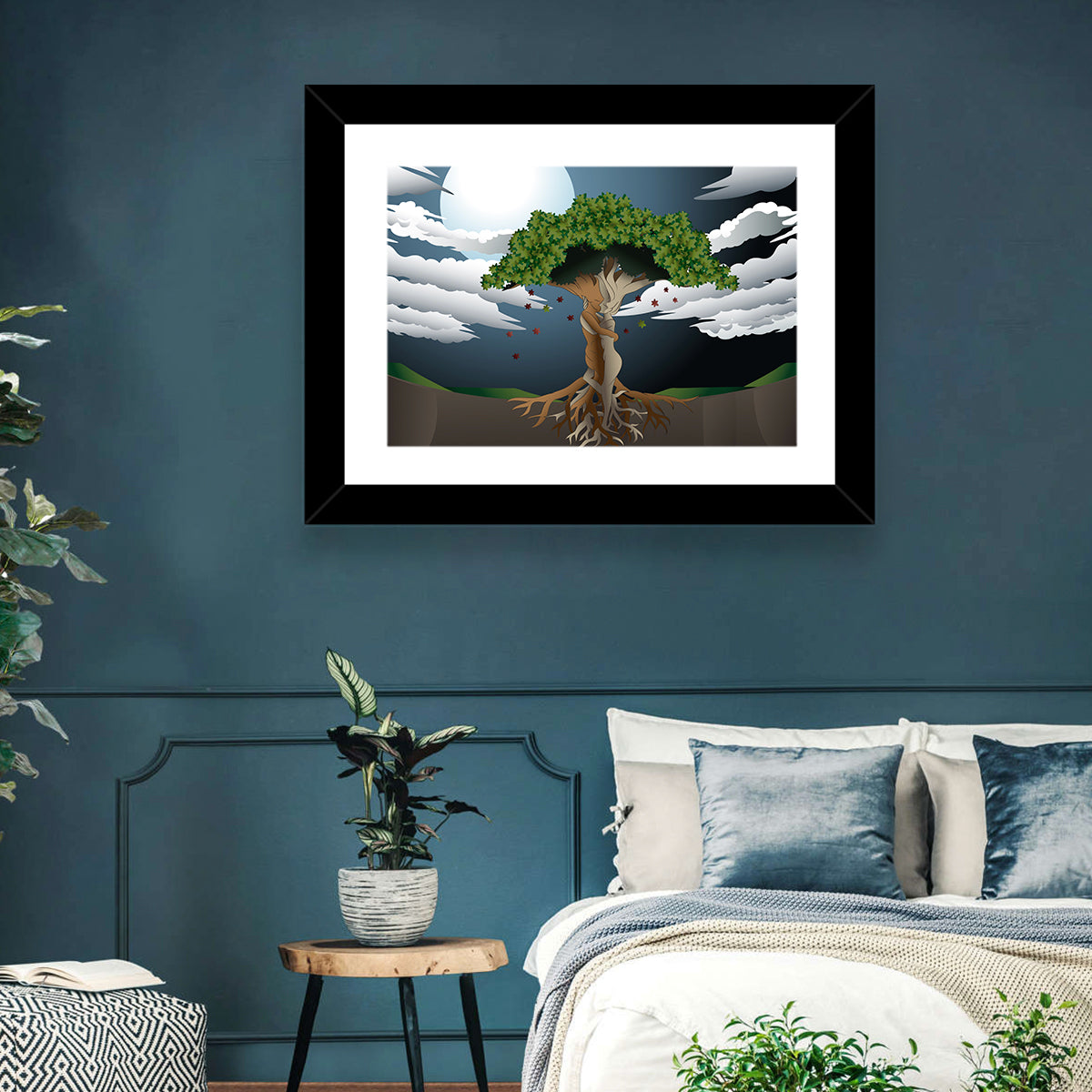 Moonlit Lovers Tree Wall Art in a room, landscape