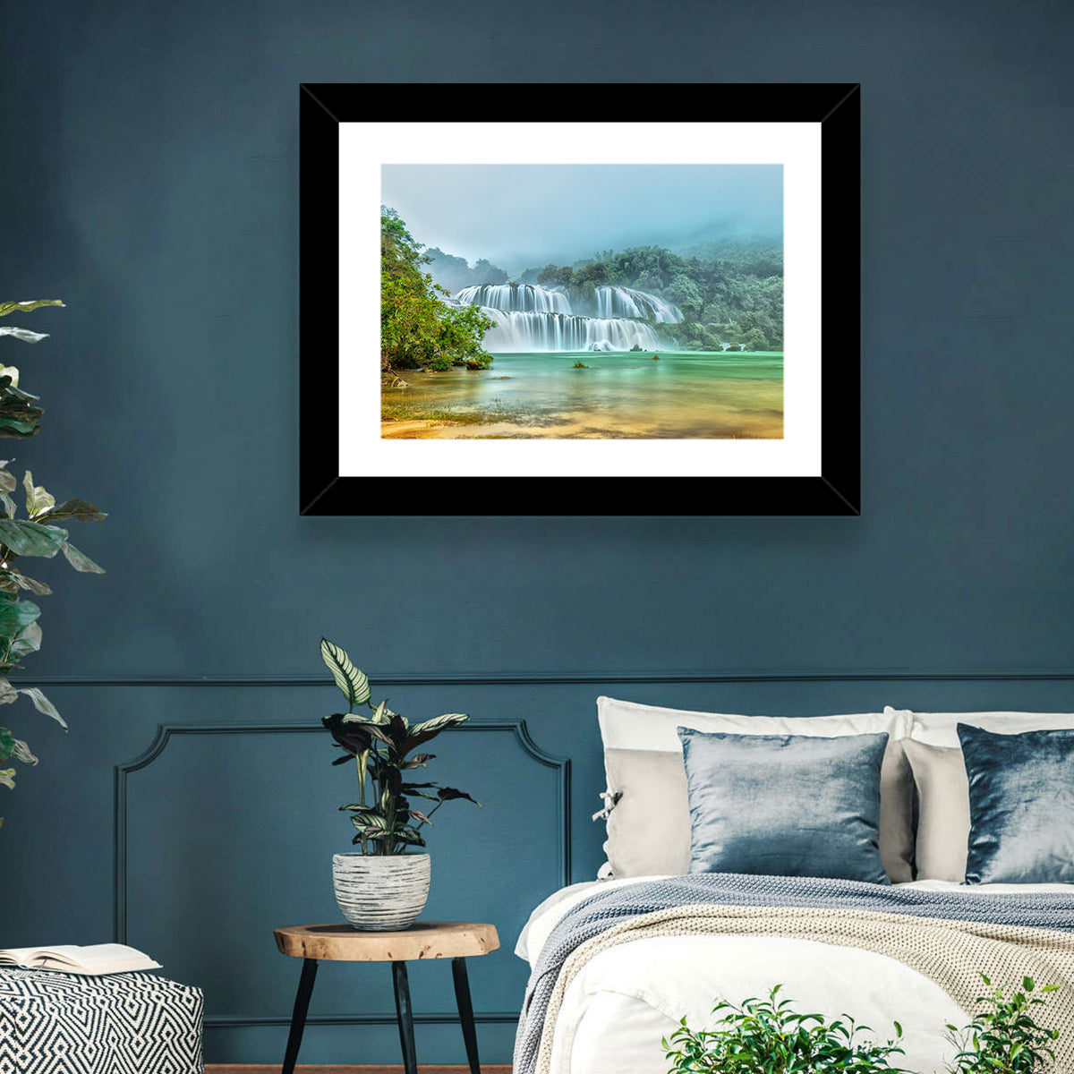 Ban Gioc Waterfalls Misty Morning Wall Art in a room, landscape