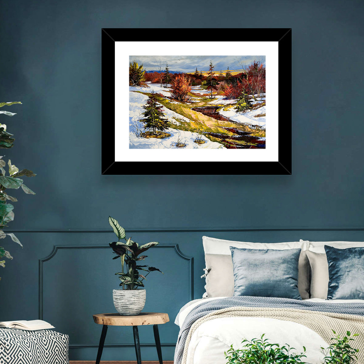 Snowy Stream Through Evergreens Wall Art in a room, landscape