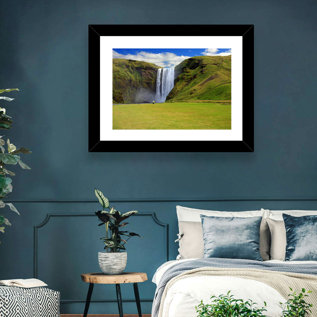 Skógafoss Waterfall Wall Art in a room, landscape