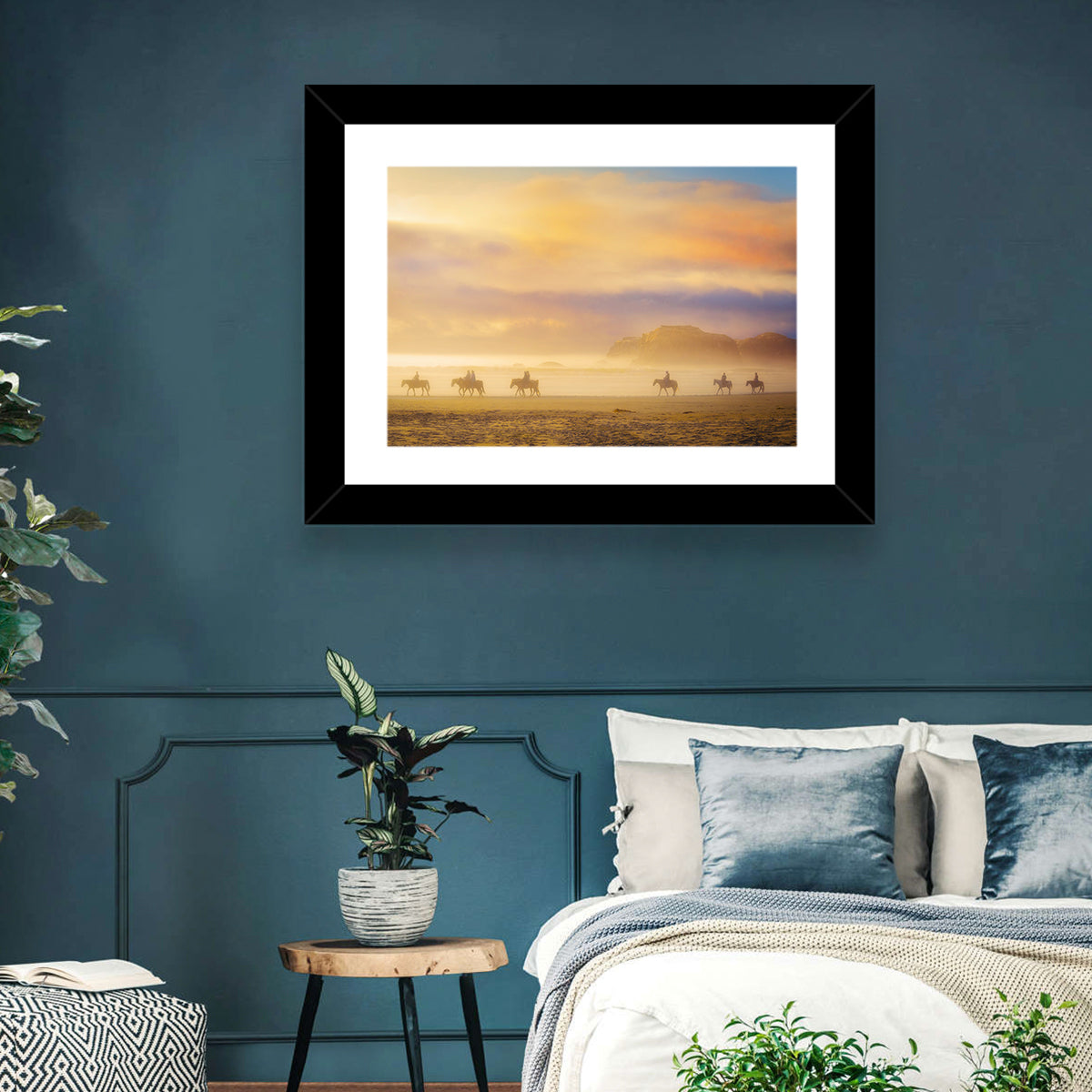 Misty Beach Horseback Riders Wall Art in a room, landscape