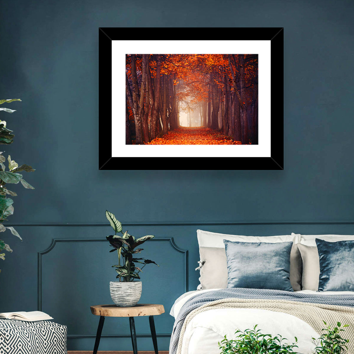 Misty Autumn Forest Path Wall Art in a room, landscape
