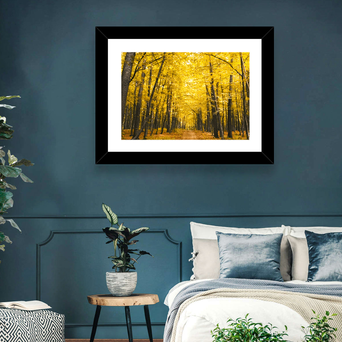 Yellow Autumn Forest Path Wall Art in a room, landscape