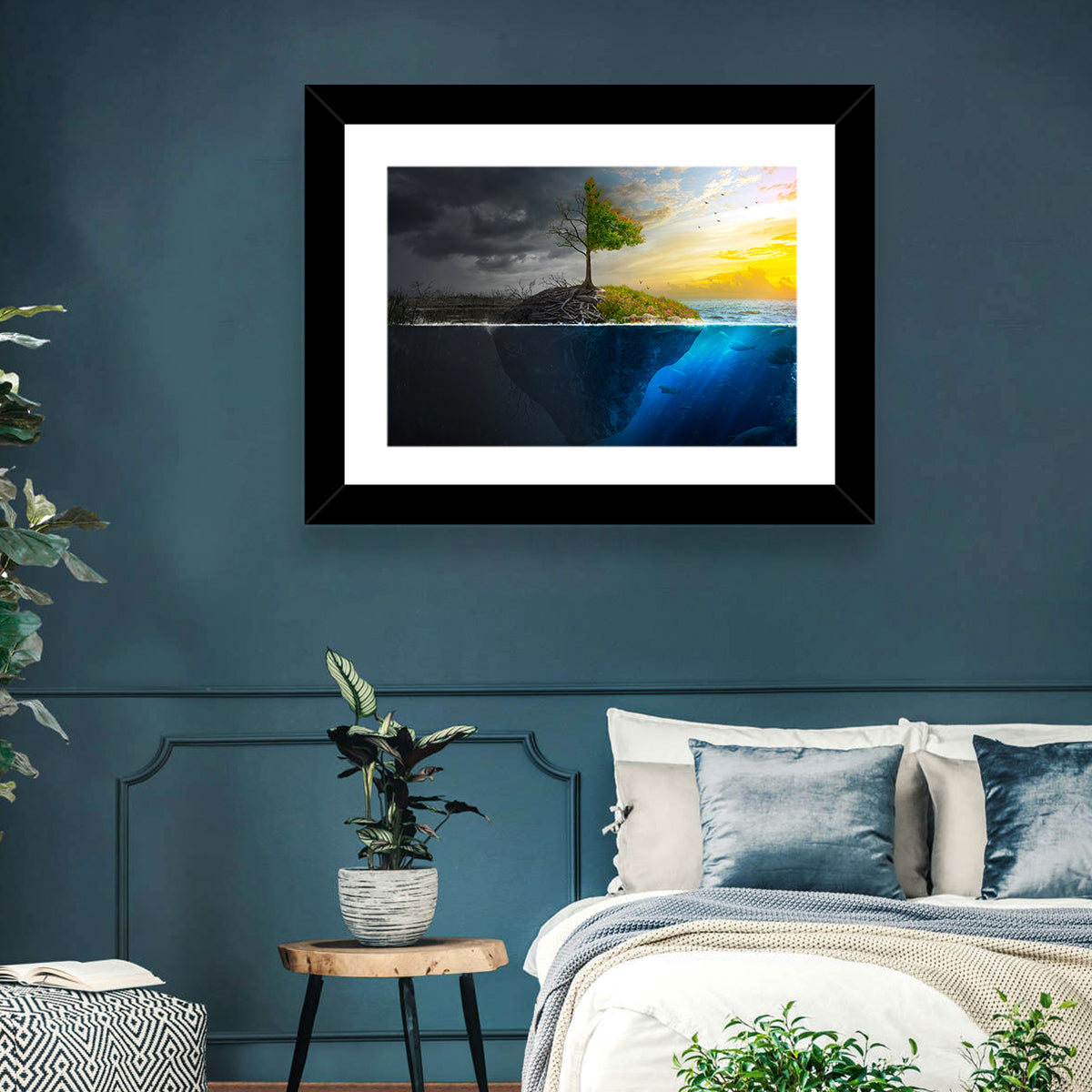 Split Island Tree of Duality Wall Art in a room, landscape